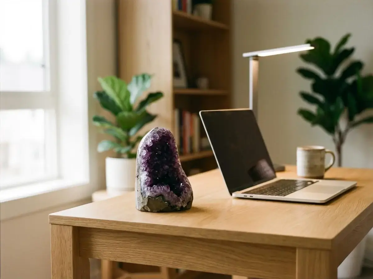Majhna ametistova geoda ob prenosniku v svetli domači pisarni