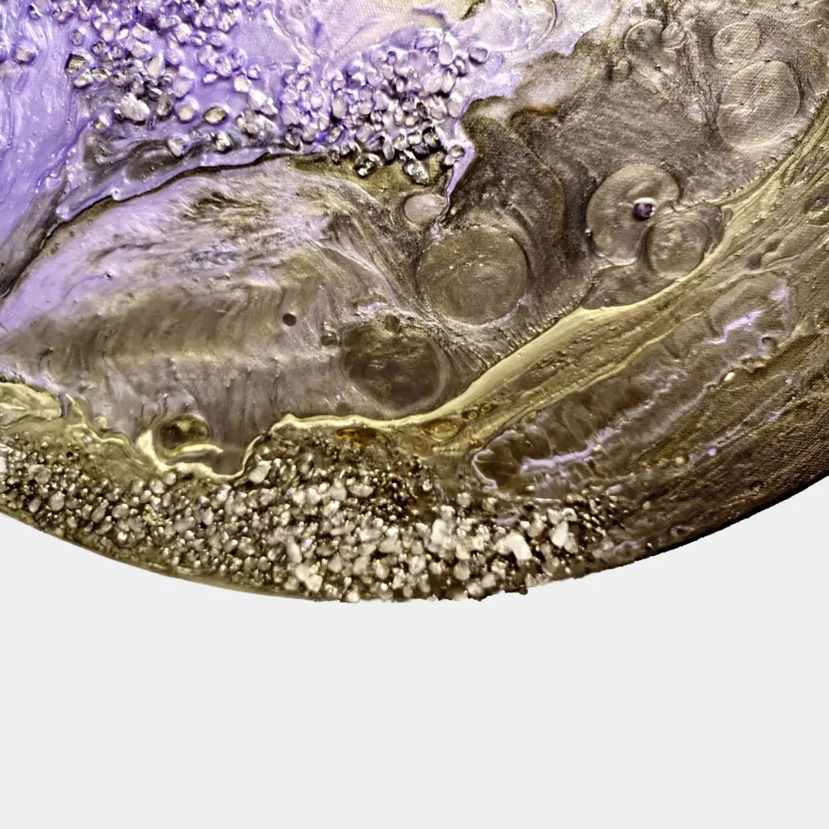 Close-up of lavender amethyst crystals and silver mineral swirls, Dance of the Soul painting by Nóra Baka