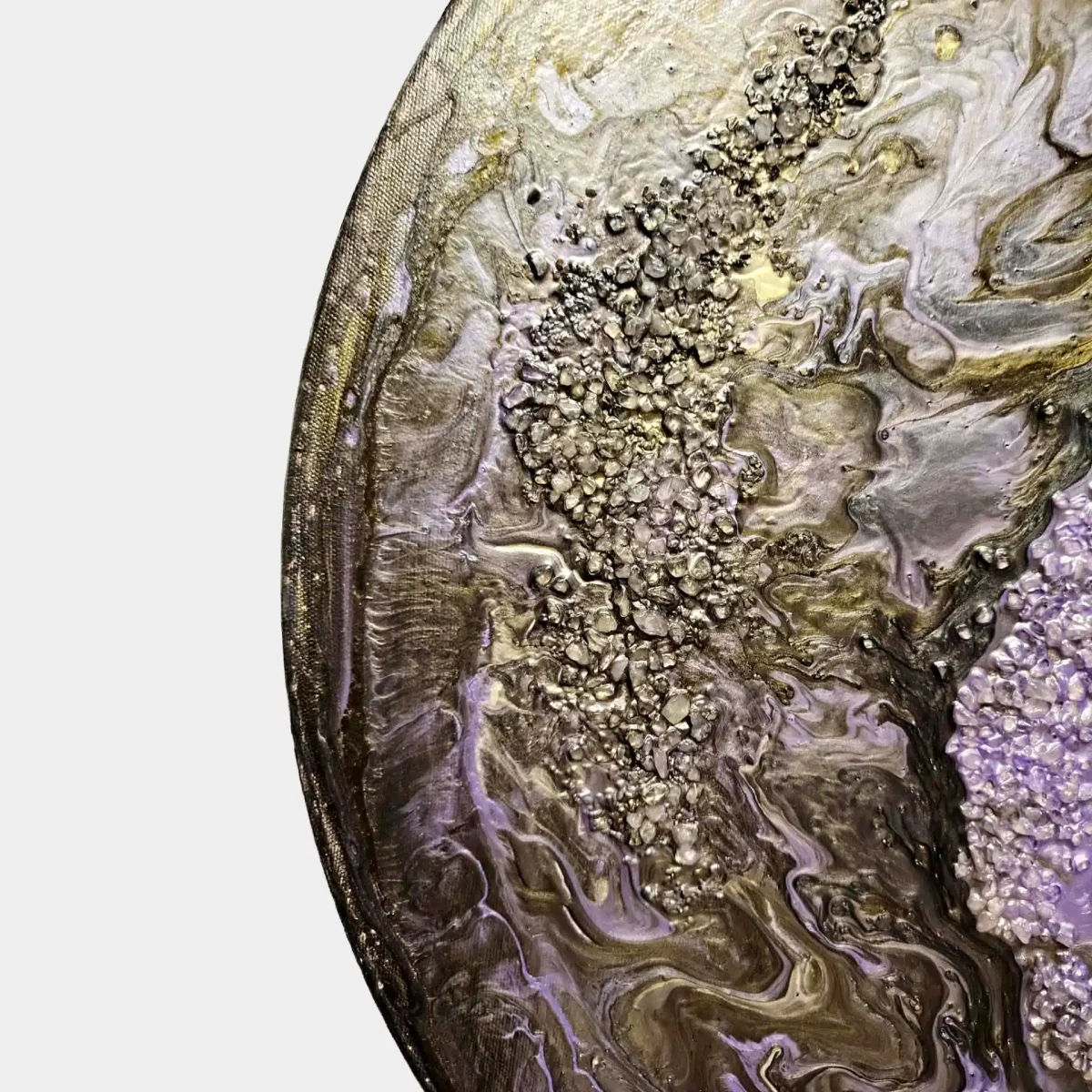 Detail of silver and pyrite mineral formations with purple amethyst, Dance of the Soul by Nóra Baka