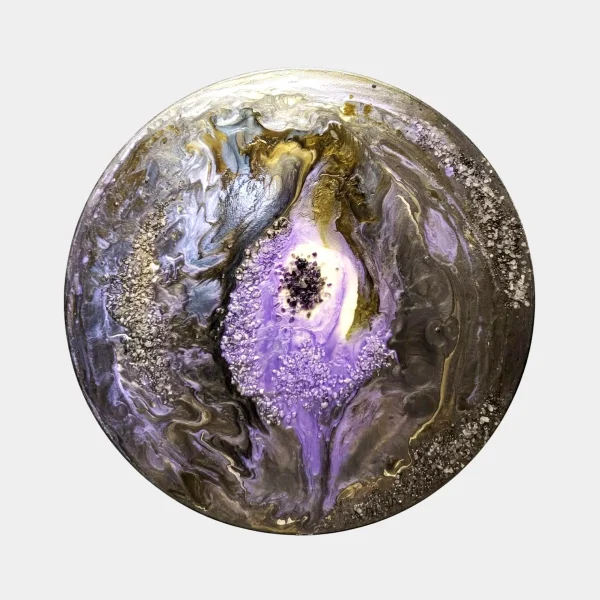 Full view of Dance of the Soul, a circular amethyst painting by Hungarian artist Nóra Baka, featuring purple crystals, gold swirls, and real mineral textures