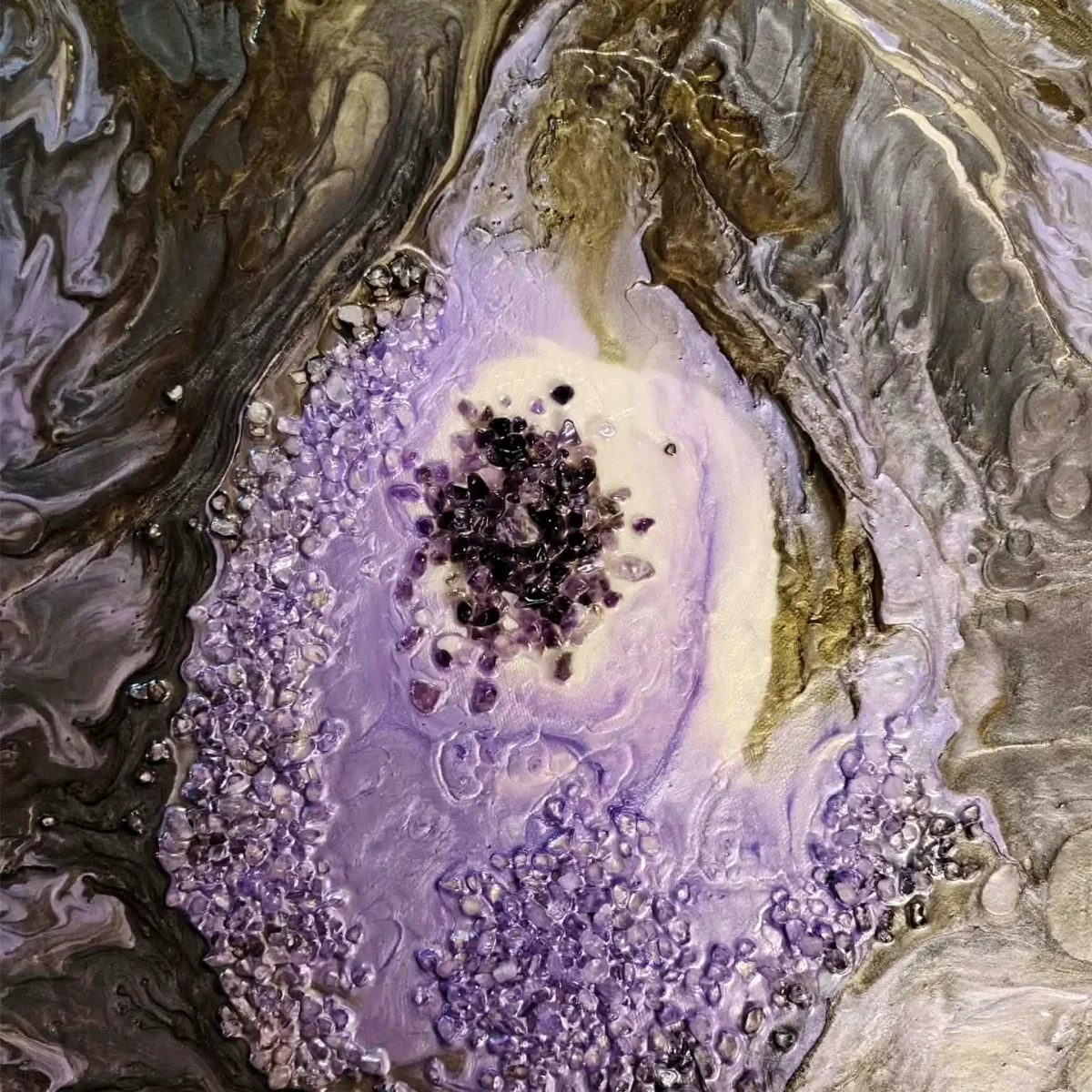 Macro detail of the geode eye center with amethyst crystals and swirling gold tones, Dance of the Soul by Nóra Baka