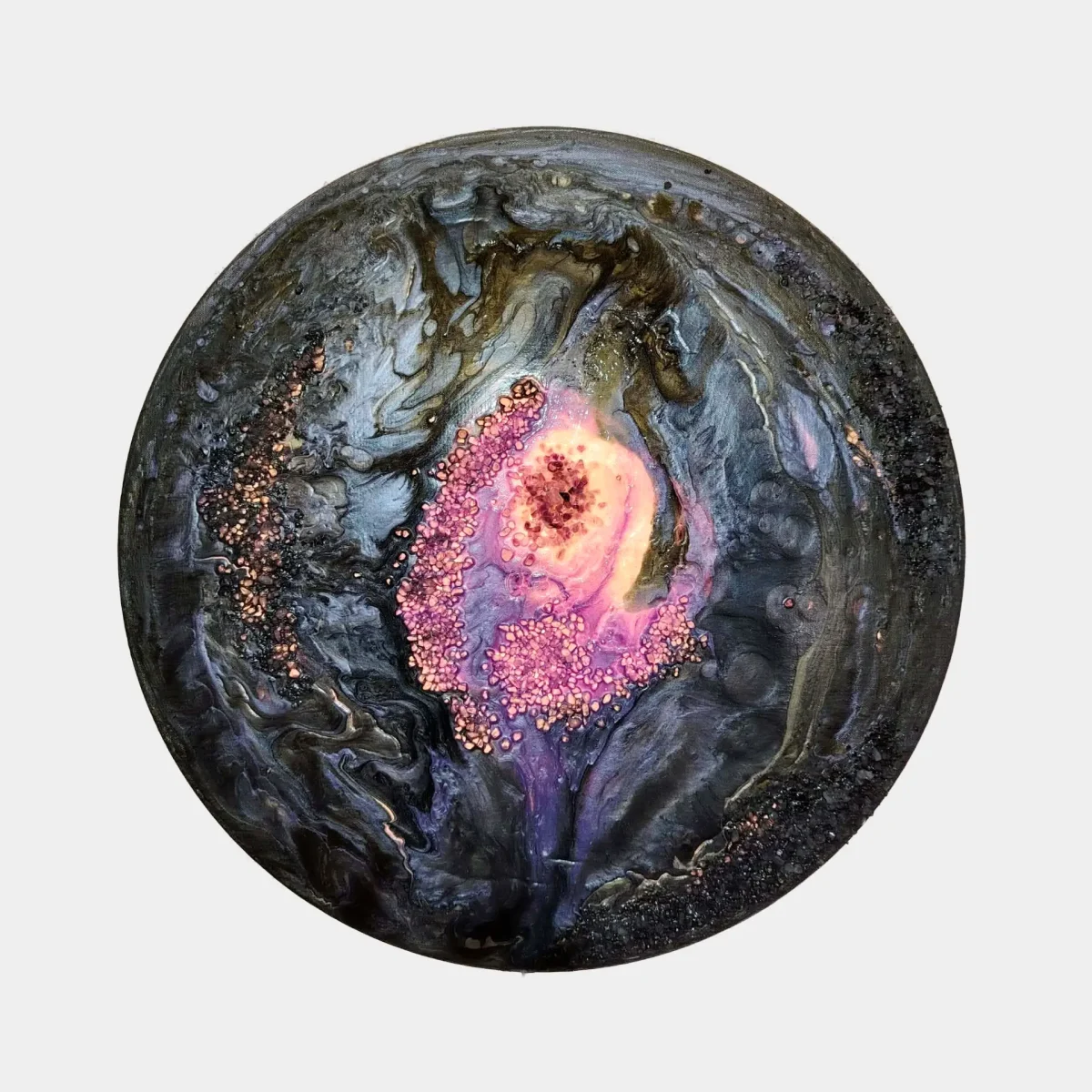 Dance of the Soul painting by Nóra Baka illuminated from behind, showing light passing through the amethyst crystals and canvas