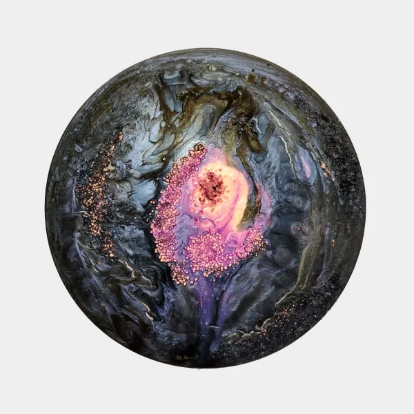 Dance of the Soul painting by Nóra Baka illuminated from behind, showing light passing through the amethyst crystals and canvas