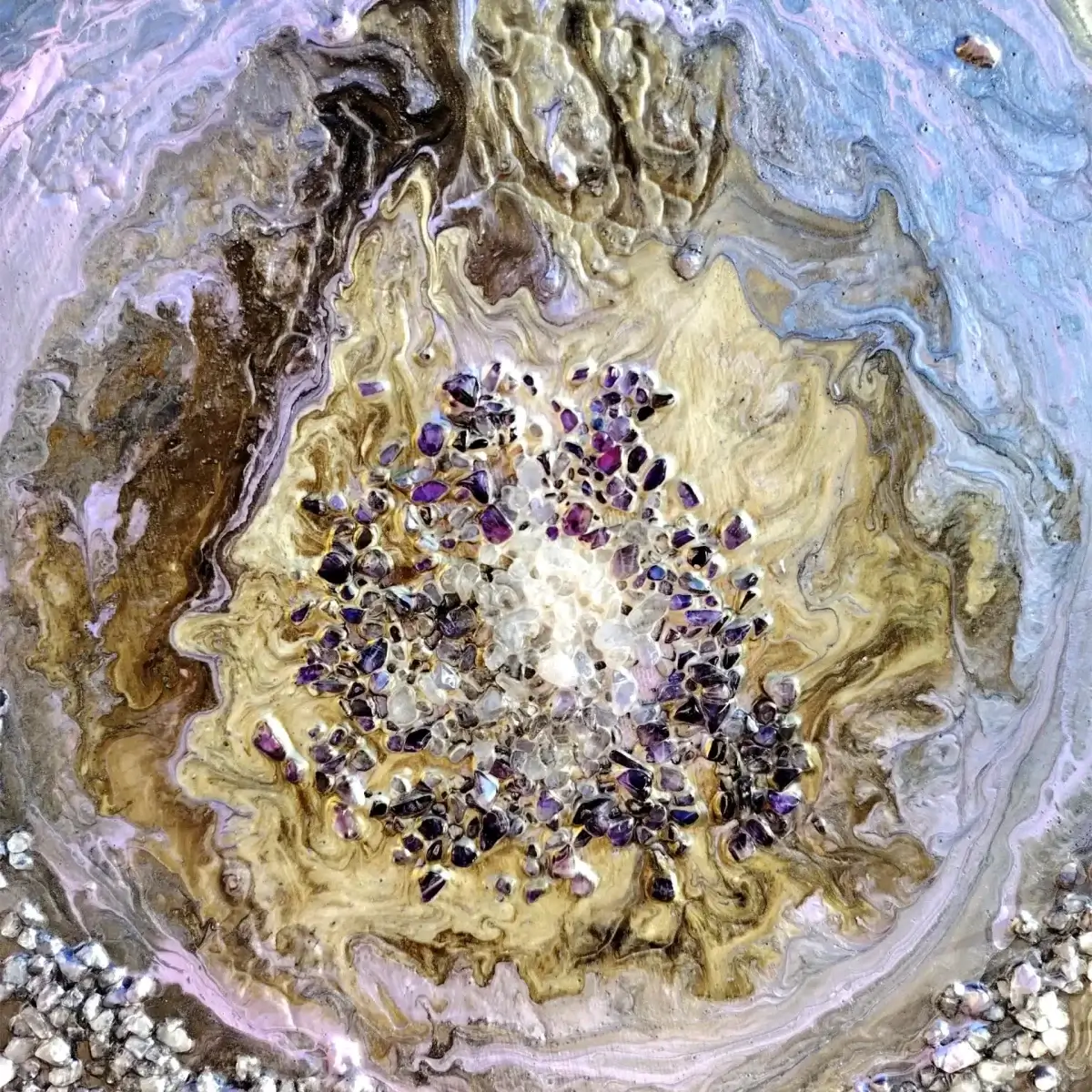 Central crystal detail with amethyst chips, pale minerals, and swirling gold tones