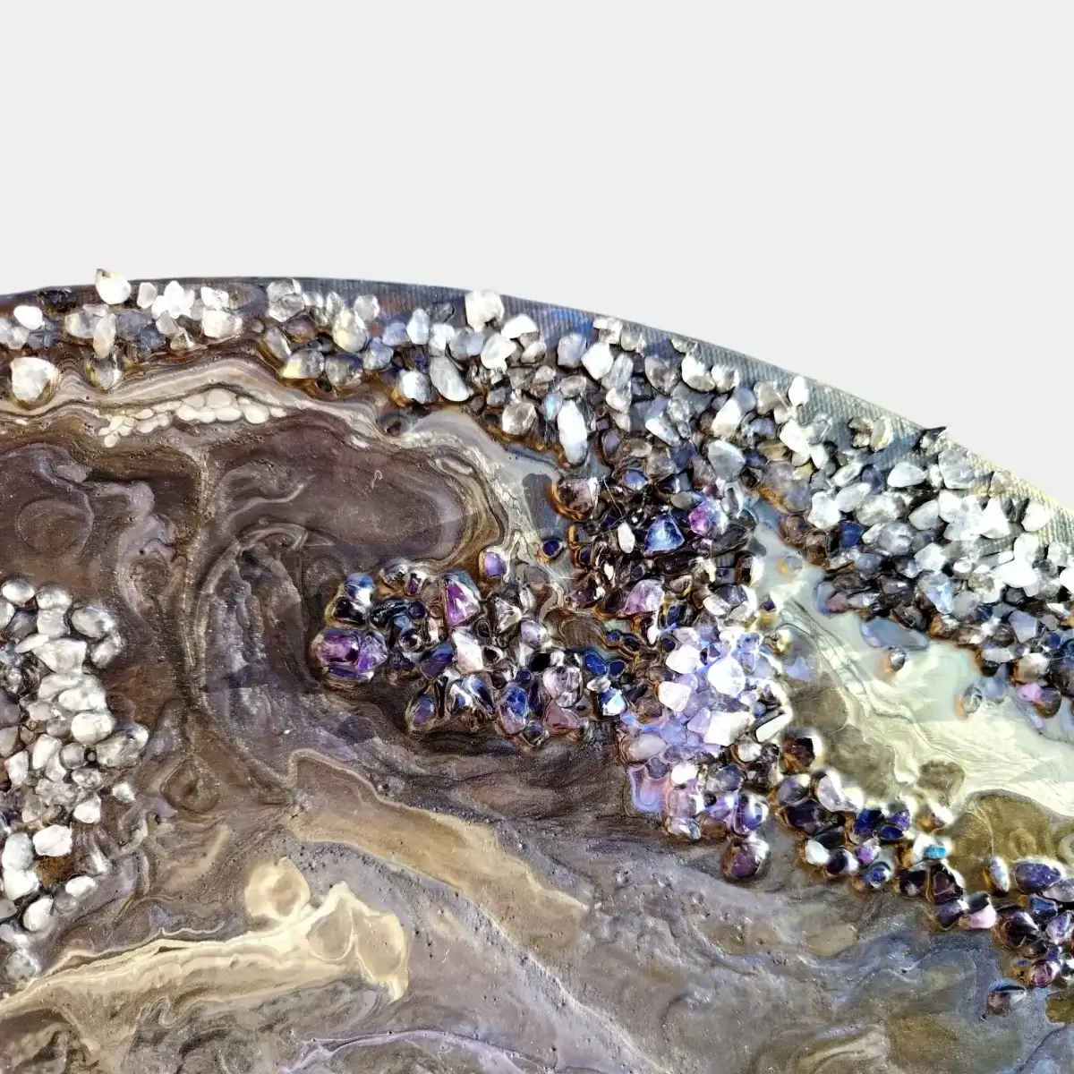 Edge detail of the painting with crystal clusters and marbled mineral textures