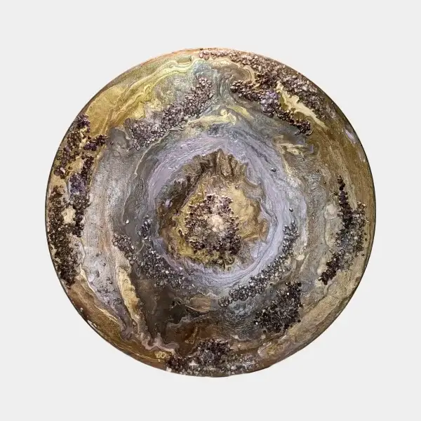 Full view of Earth’s Luminescence, a circular amethyst painting with crystal textures and earthy violet tones