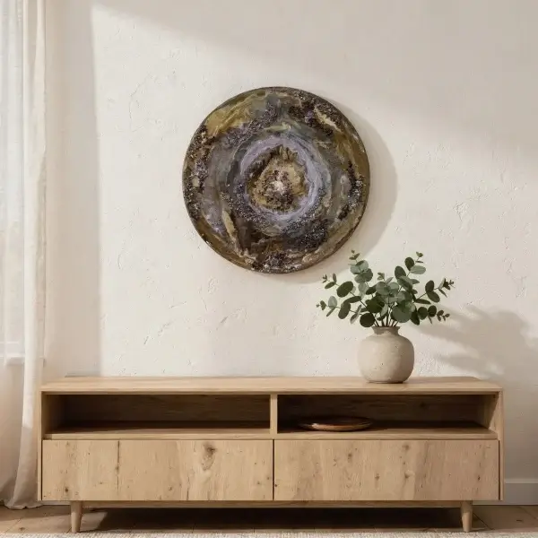 Earth’s Luminescence styled on a wall above a wooden console in a calm interior