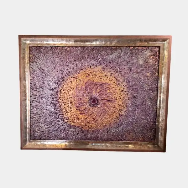 Full view of Upon Endless Roads, a framed amethyst painting with violet, bronze, and crystal textures