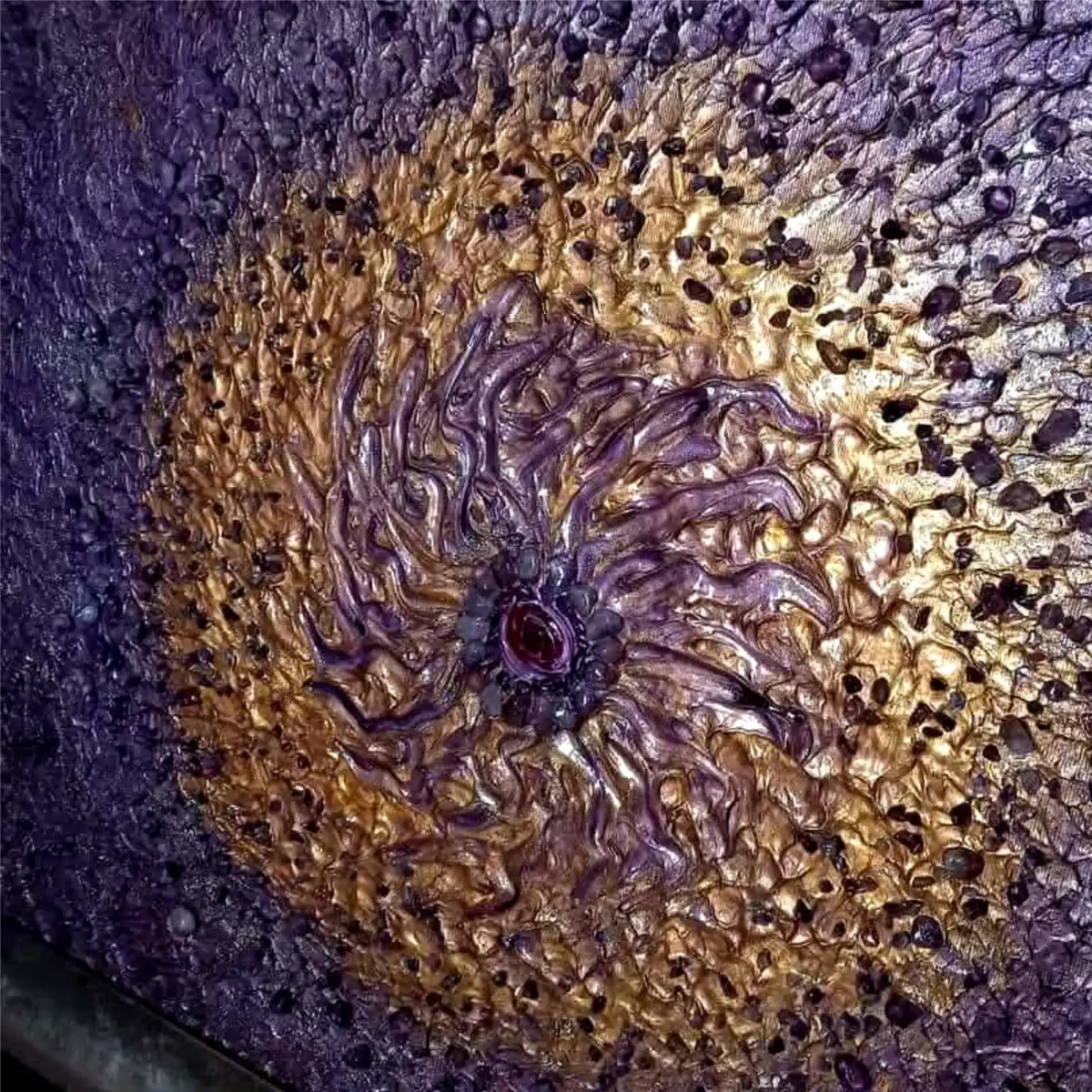Close-up of the painting’s centre with swirling violet and bronze textures