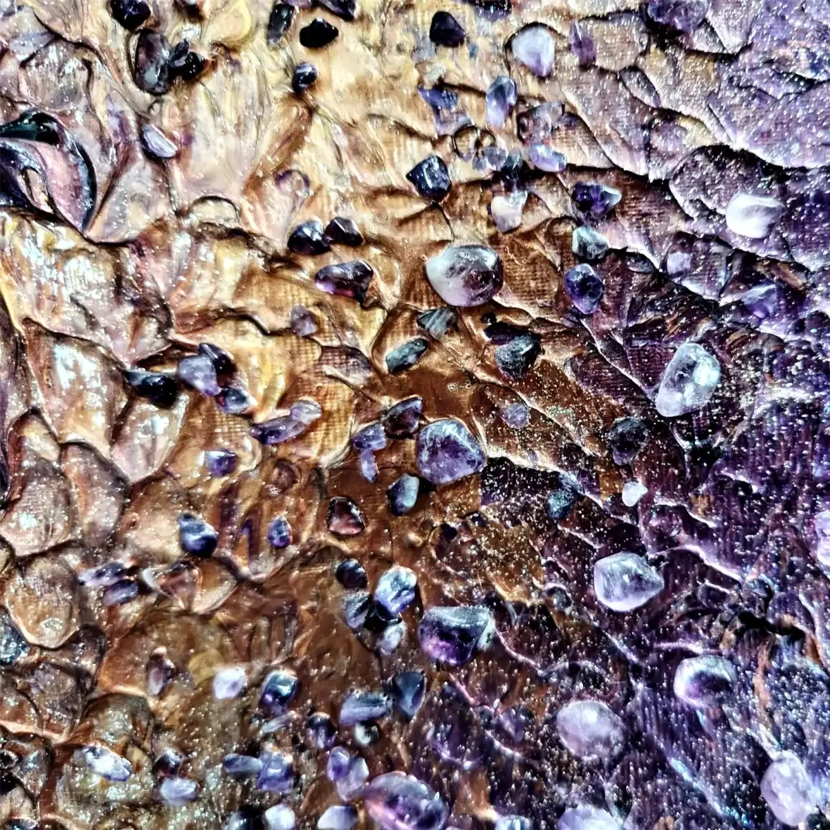 Surface detail with amethyst chips, violet tones, and textured metallic layers