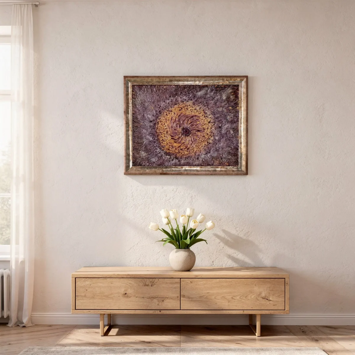 Upon Endless Roads styled above a wooden console in a calm, neutral interior