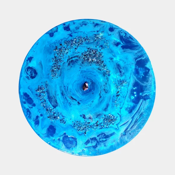 Full view of Woven in Crystal, a circular blue crystal painting with swirling layers and mineral details
