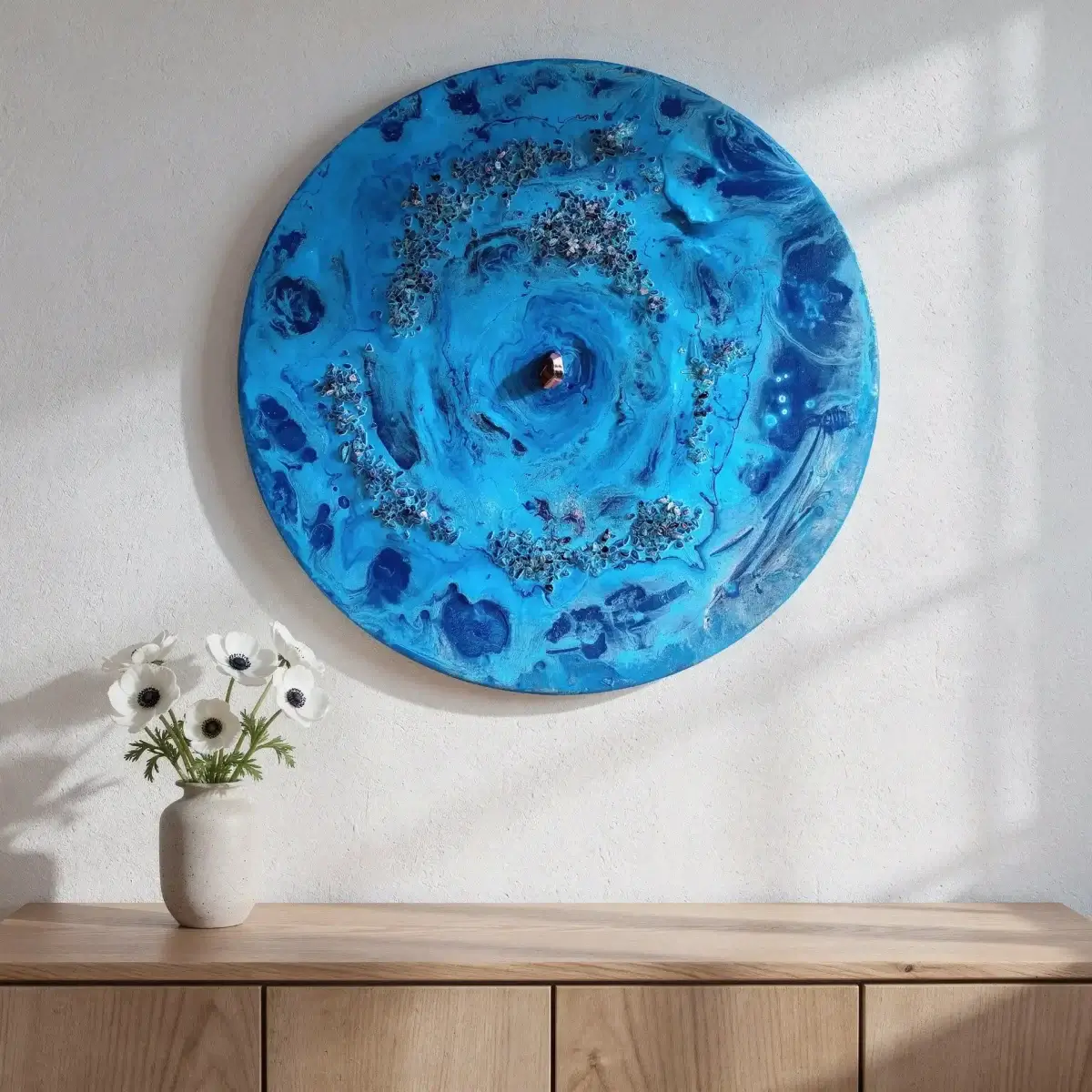 Woven in Crystal styled on a wall above a wooden console in a bright interior