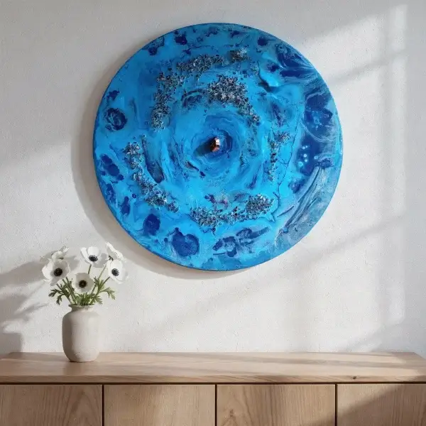 Woven in Crystal styled on a wall above a wooden console in a bright interior