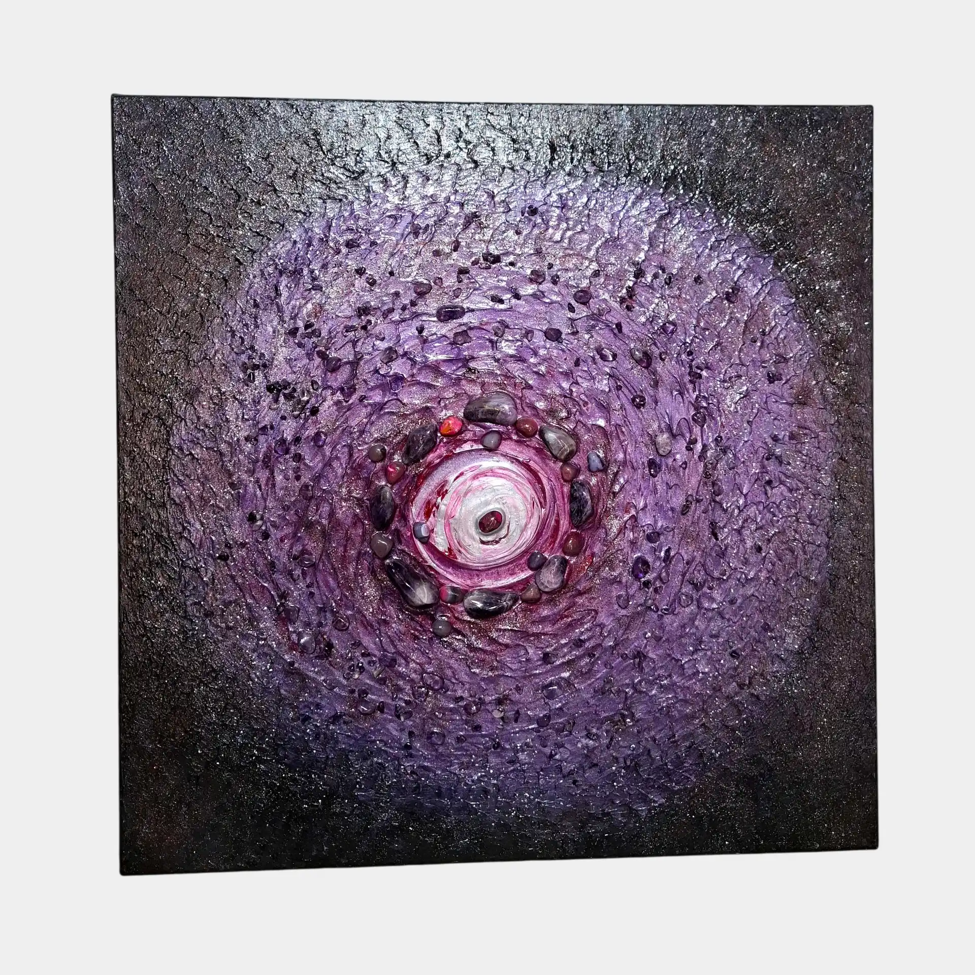 Crystal Maelstrom – Galaxy – Amethyst Painting by Nóra Baka Full view of Crystal Maelstrom – Galaxy, a square amethyst painting with a violet spiral and crystal centre