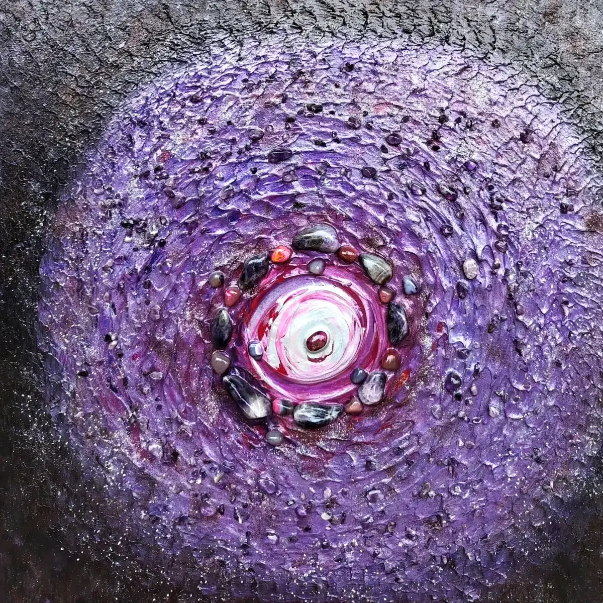 Mid-range view of the violet spiral composition with layered texture and crystals
