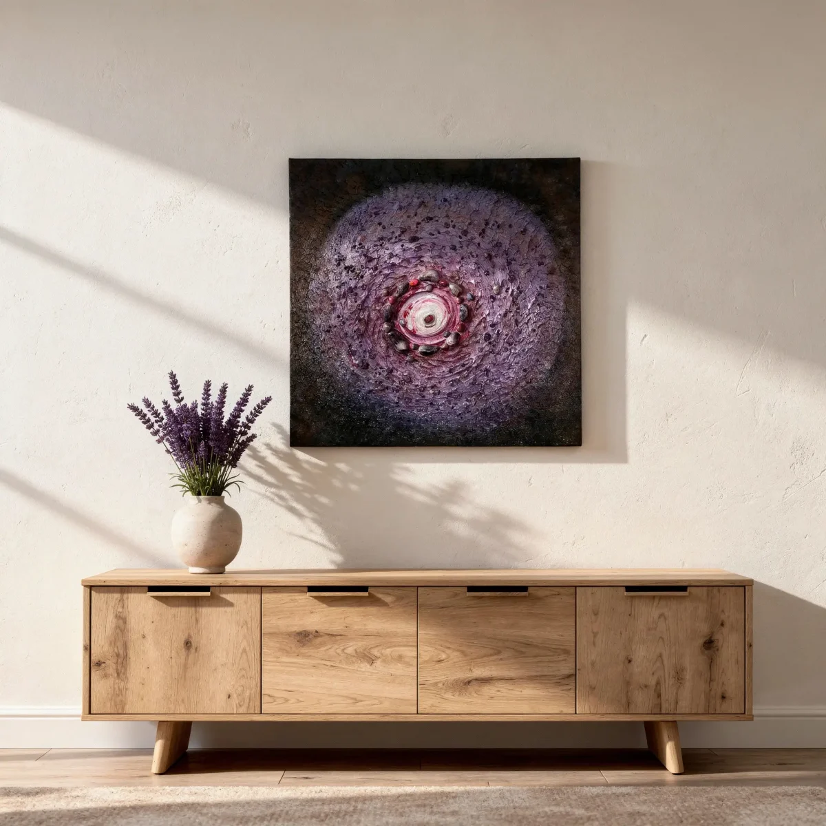 Crystal Maelstrom – Galaxy styled on a wall above a wooden sideboard in a warm interior