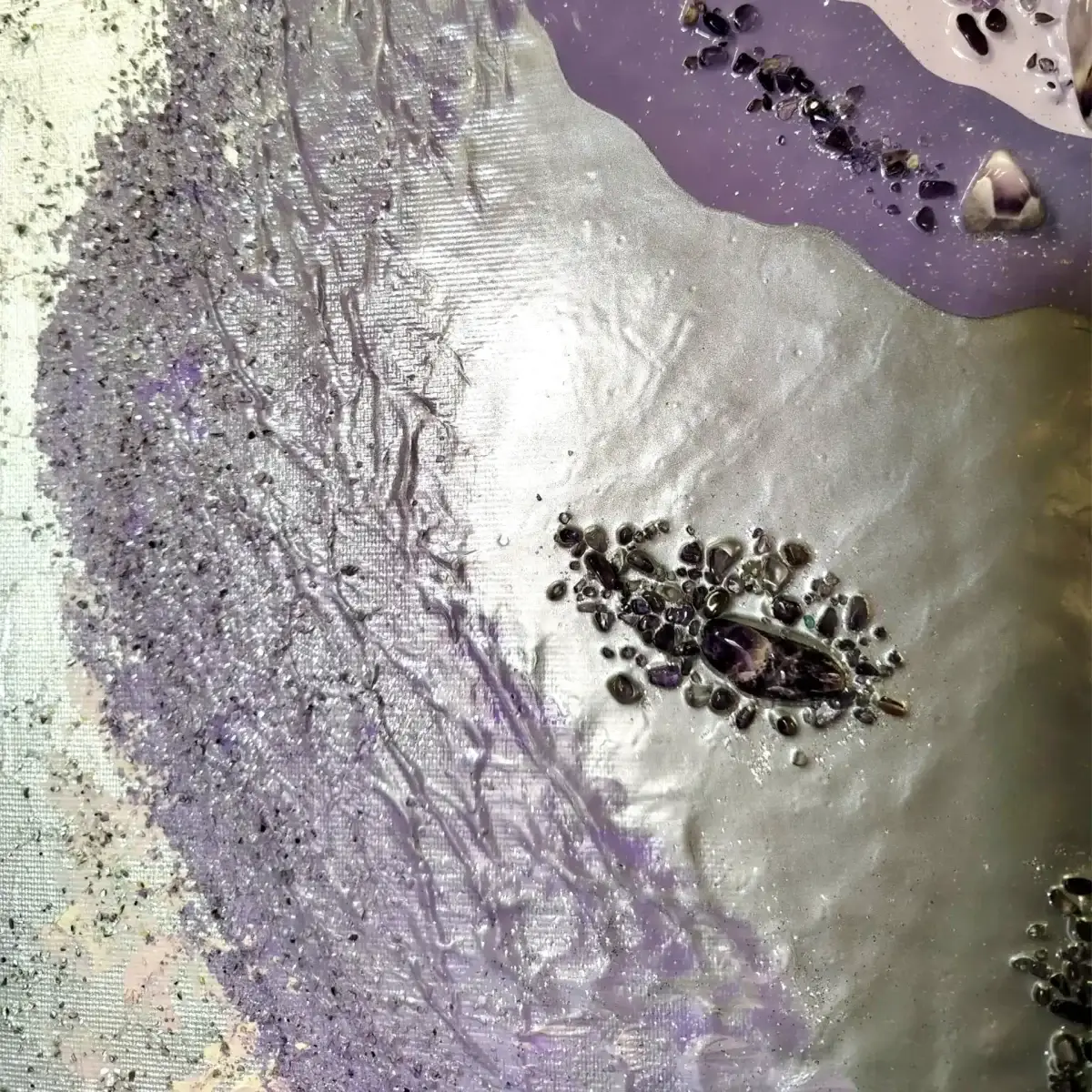 Full view of Amethyst’s Third Eye, a vertical amethyst painting in soft lilac and silver-grey tones