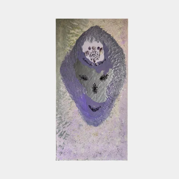 Mid-range view of the central motif with layered lilac, silver-grey, and crystal details