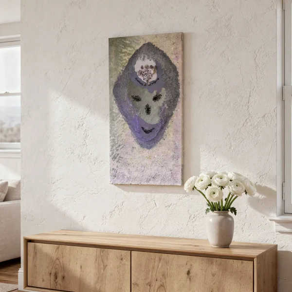 Amethyst’s Third Eye styled on a wall above a wooden sideboard in a calm interior