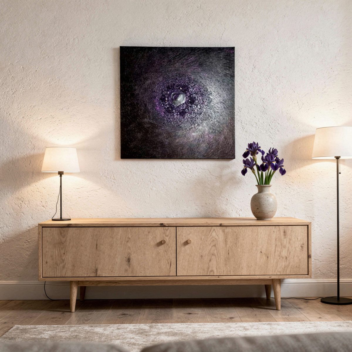 lika Spiralna galaksija Messier M51 na steni v nežno osvetljenem interierju