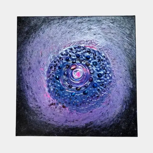 Full view of The Companion Galaxy NGC 5195, a square crystal painting with violet and blue spiral forms