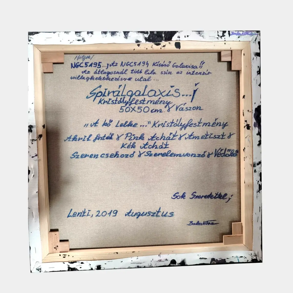 Back of the canvas with handwritten title, materials, size, and signature