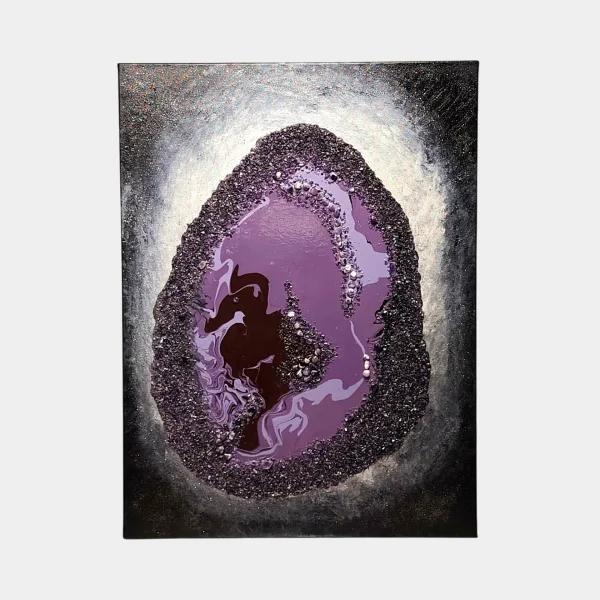 Full view of Amethyst and the Birth of the Seahorse, a geode-inspired crystal artwork with amethyst chips and purple resin on canvas