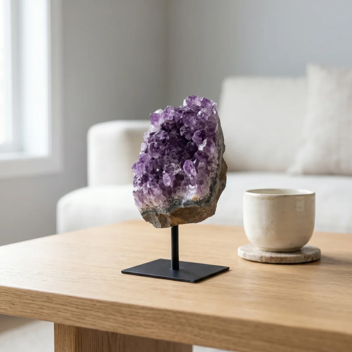 Amethyst cluster on a black metal stand displayed on a wooden table beside a cup in a bright interior.