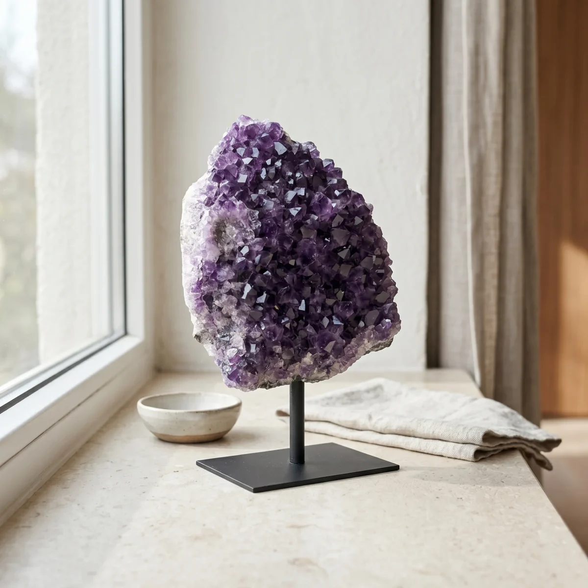 Amethyst cluster on a black metal stand displayed on a light stone surface beside a window.