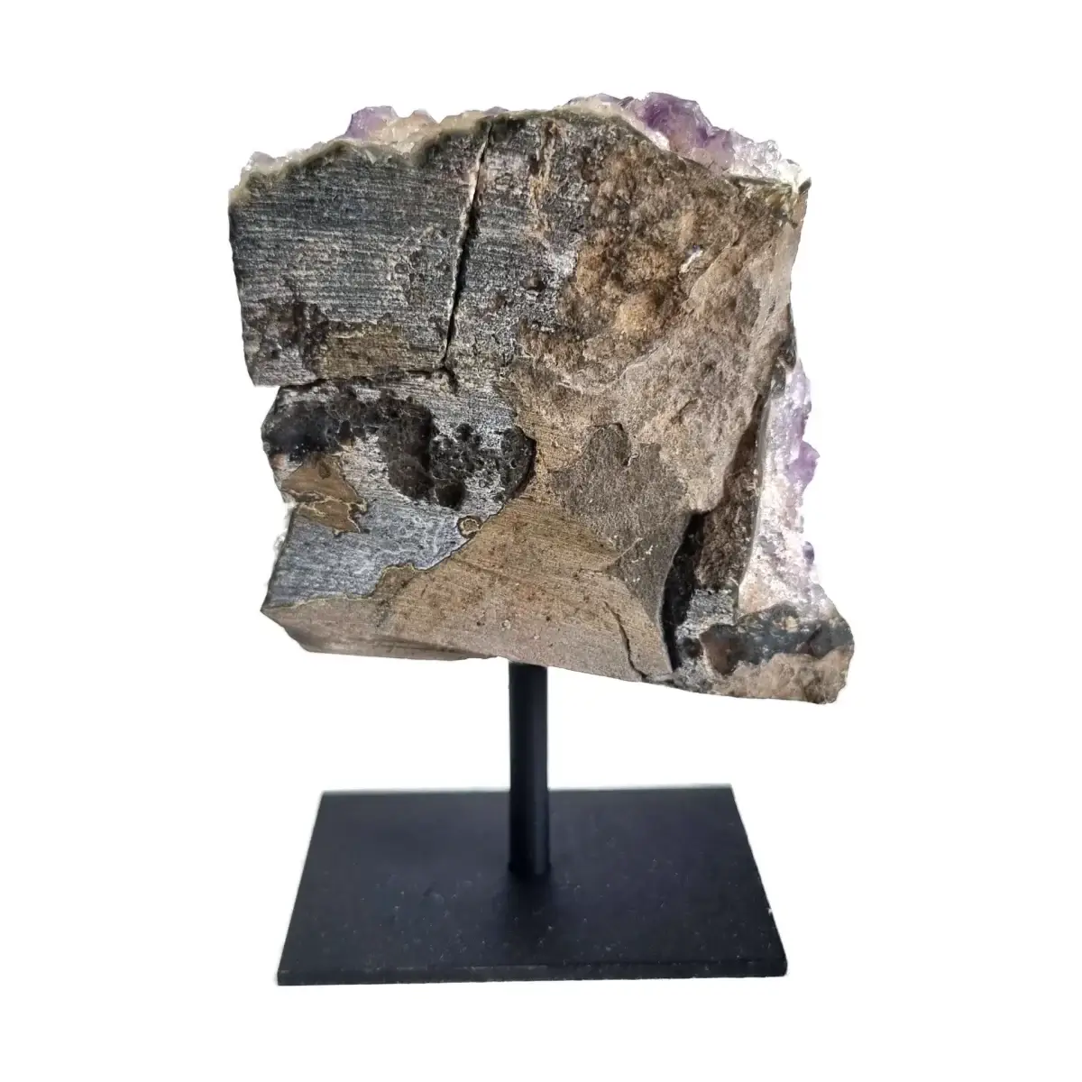 Back view of an amethyst cluster on a black metal stand showing the natural stone exterior.