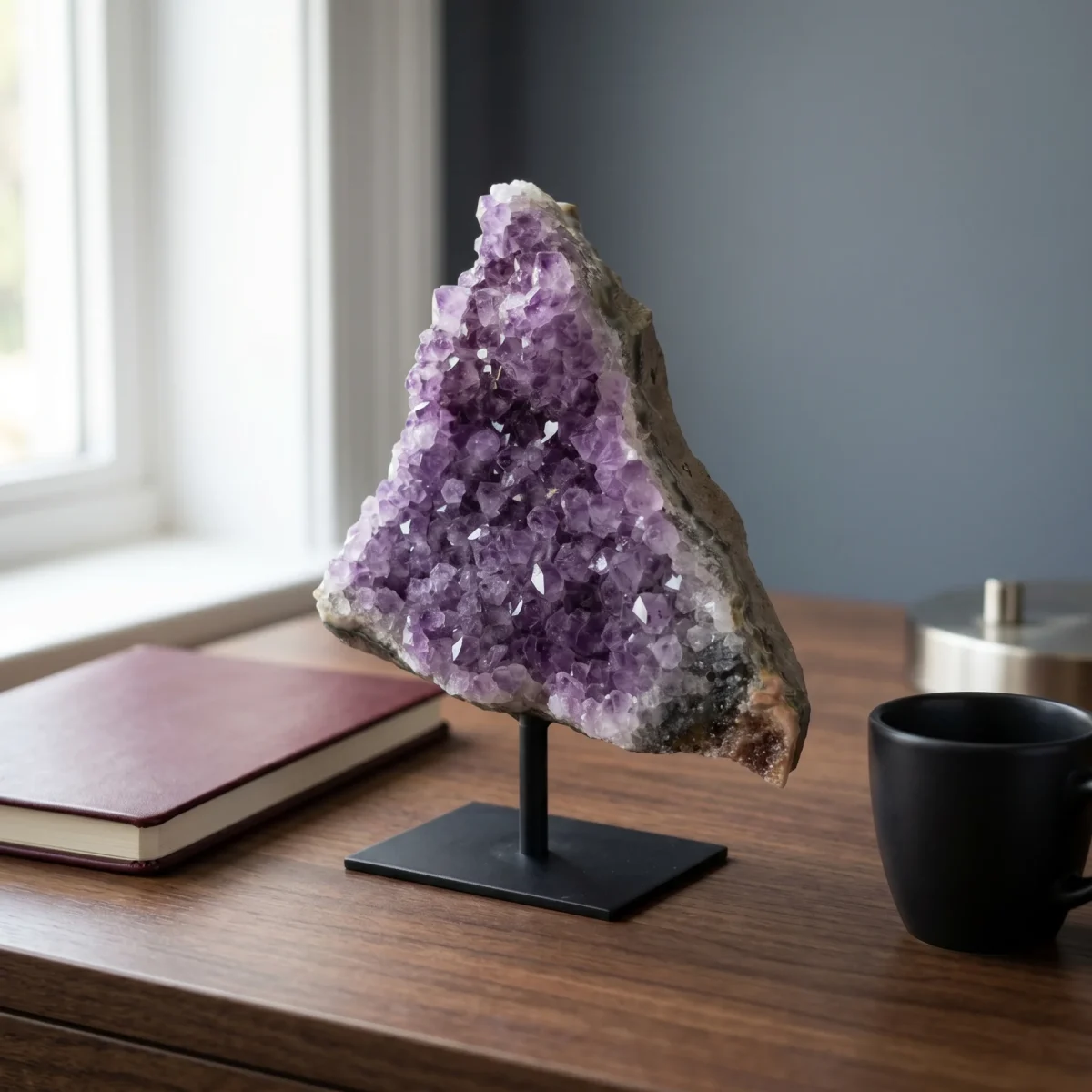 Amethyst cluster on a black metal stand displayed on a wooden desk beside a notebook and black cup.