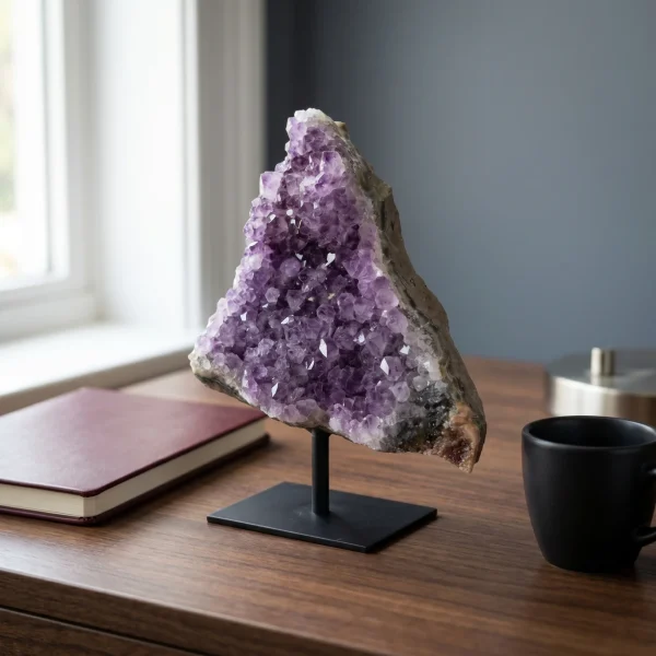 Amethyst cluster on a black metal stand displayed on a wooden desk beside a notebook and black cup.