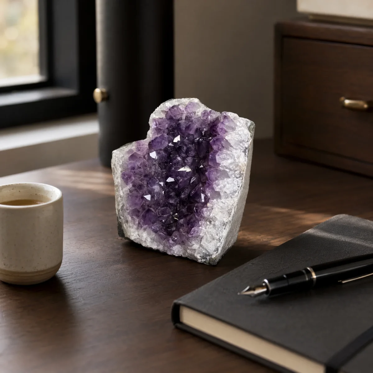 Small amethyst geode displayed on a wooden desk beside a notebook, pen, and cup.