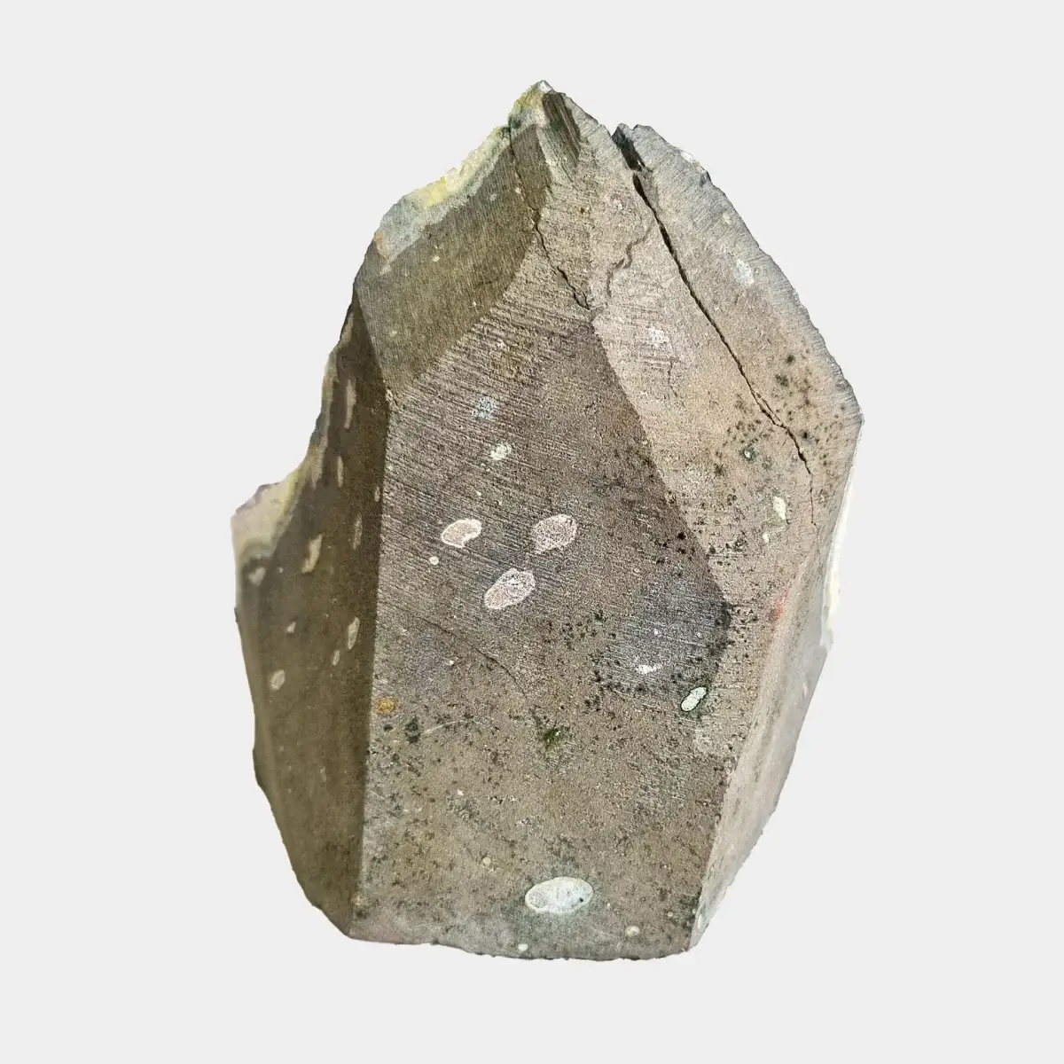 Back view of a small amethyst geode showing the cut natural stone exterior and compact shape.