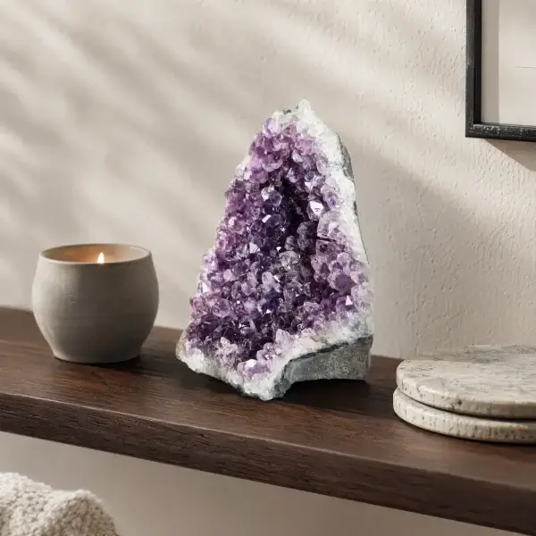Small amethyst geode displayed on a wooden shelf beside a candle and stone coasters.