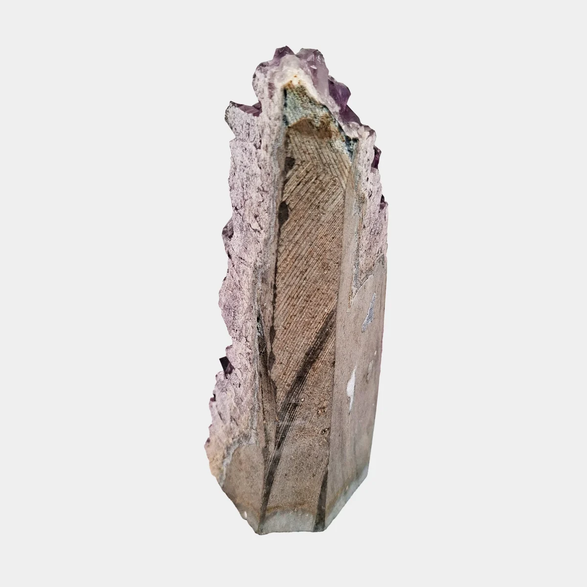 Back view of a small amethyst geode showing the cut natural stone exterior.