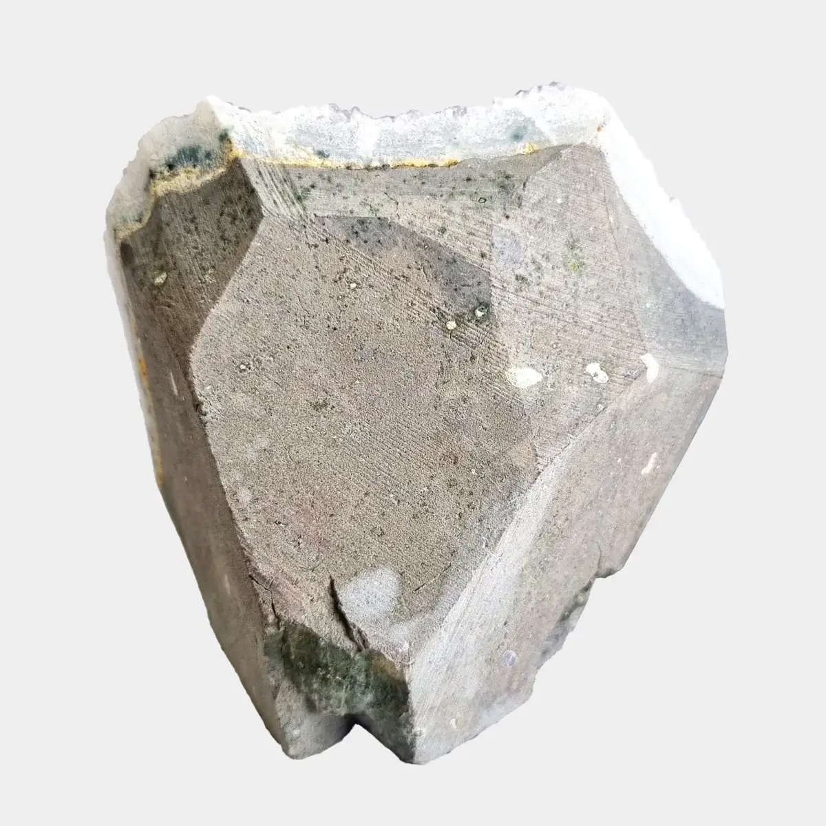 Back view of a small amethyst geode showing the cut natural stone exterior.
