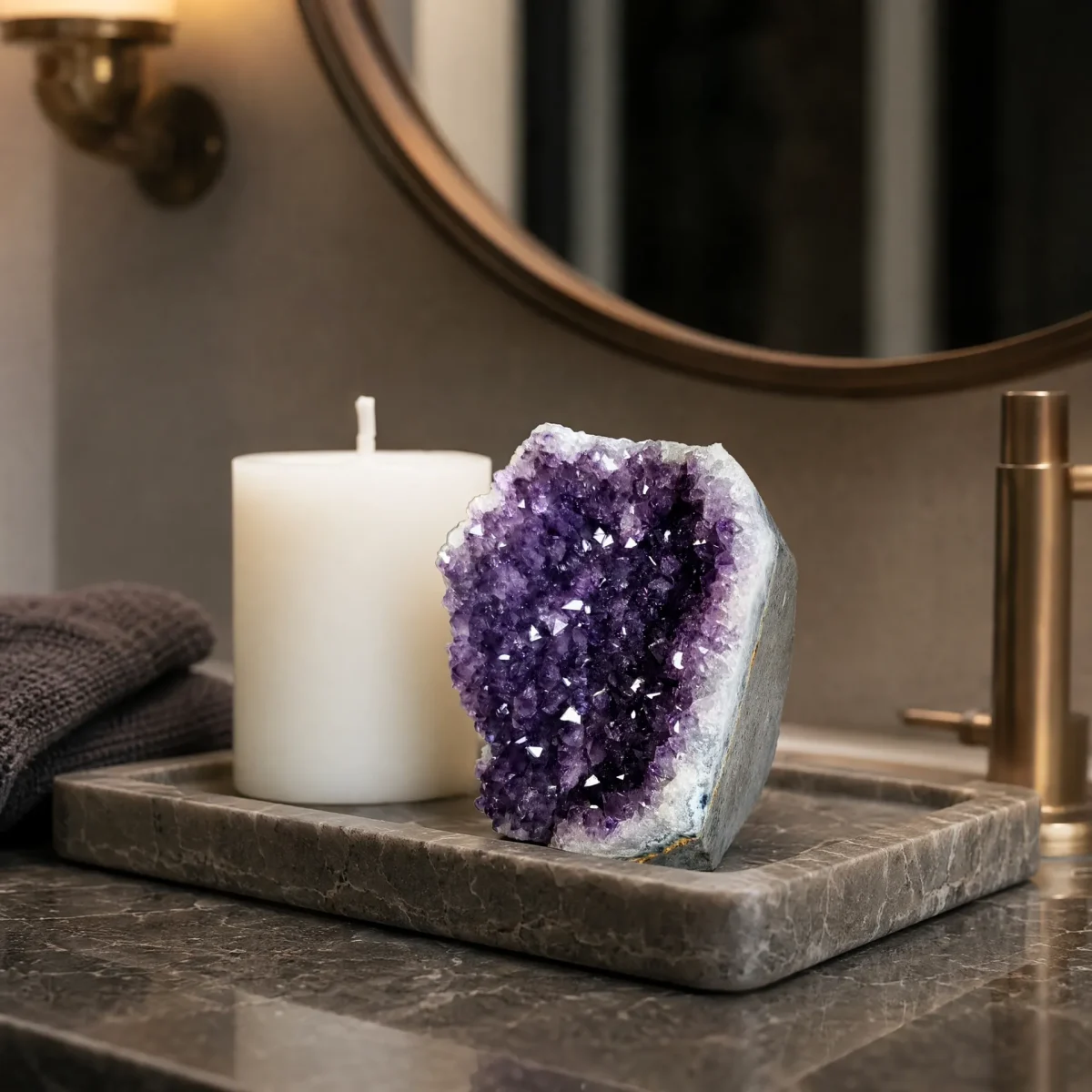 Small amethyst geode displayed on a stone tray beside a candle in a bathroom setting.