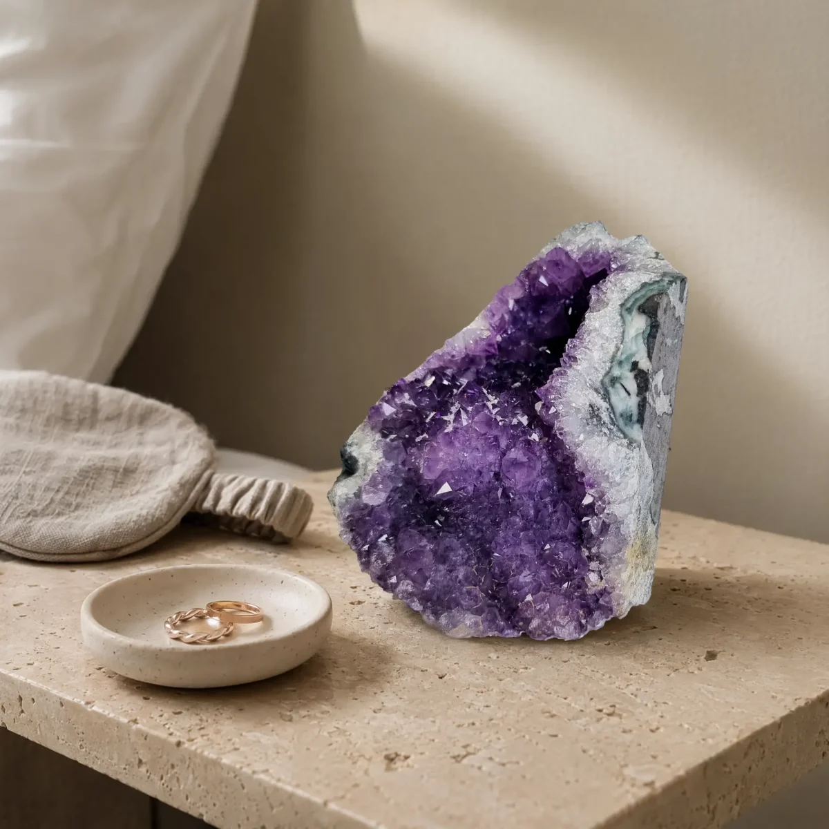 Small amethyst geode displayed on a light stone surface beside a small jewellery dish and rings.