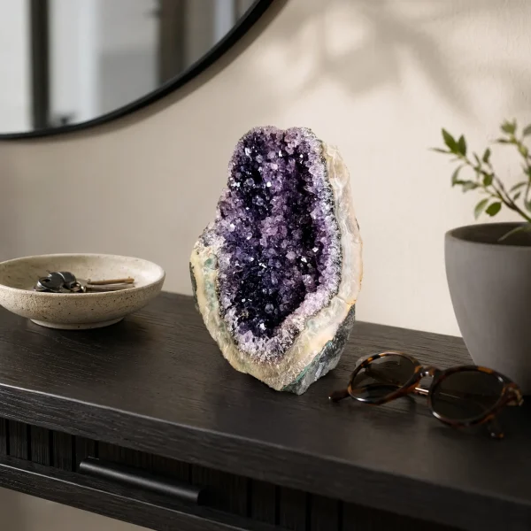 Small amethyst geode displayed on a dark console beside sunglasses, a dish, and a potted plant.